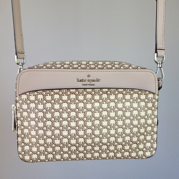 KATE SPADE // ltd ed tan cream link print saffiano zip top crossbody camera bag - Picture 4 of 11